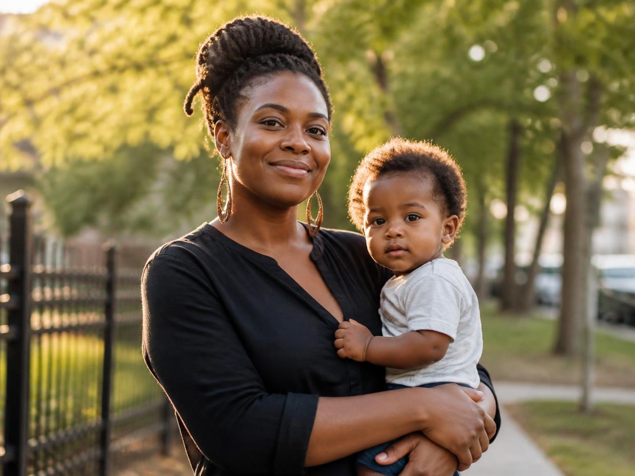 A mother standing outdoors in warm afternoon light holding her toddler.