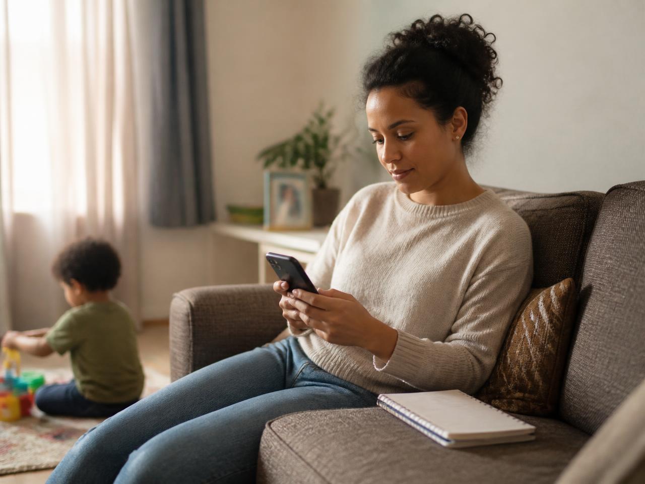 A mother sitting calmly on a sofa reading her phone while her child plays nearby.