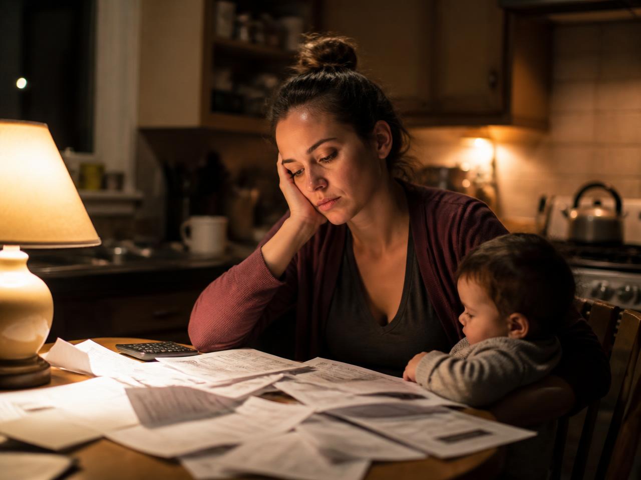 A mother at a kitchen table in the evening with paperwork spread in front of her.
