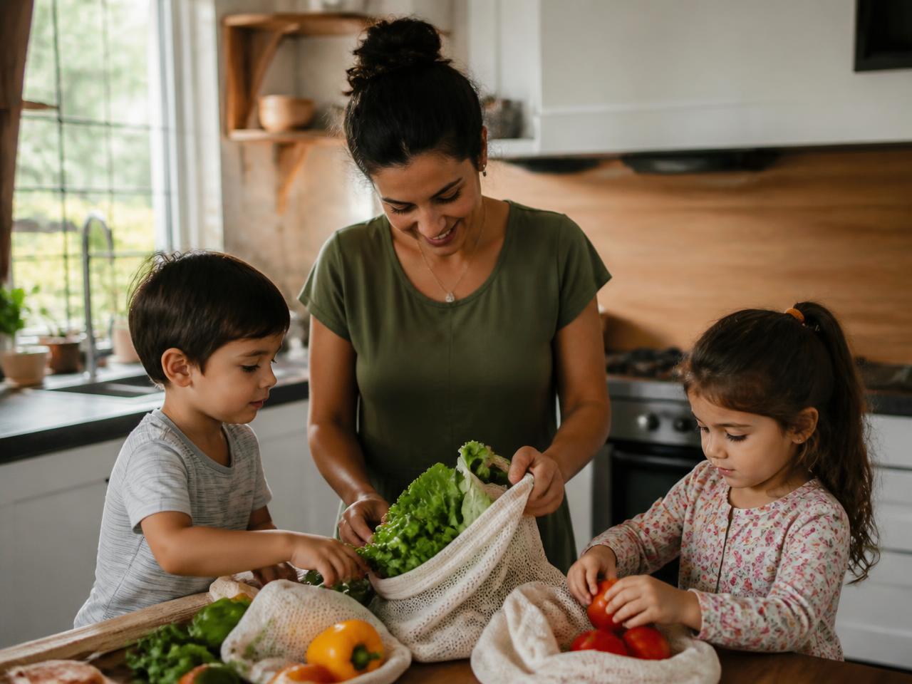 A mother and two young children unpacking groceries together in a bright kitchen.